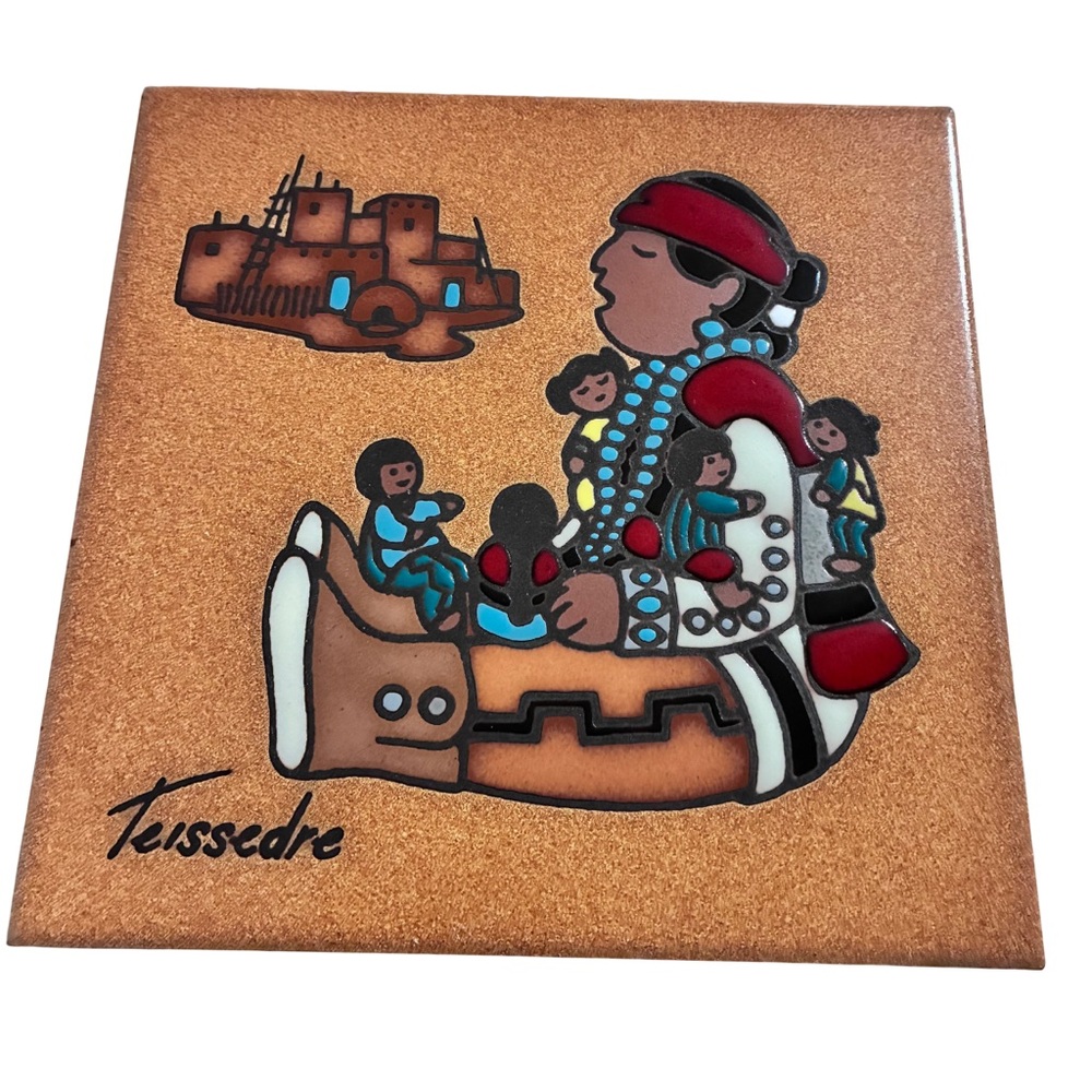 Cleo Teissedre Southwestern Native American Ceramic Tile Trivet "Story Teller"